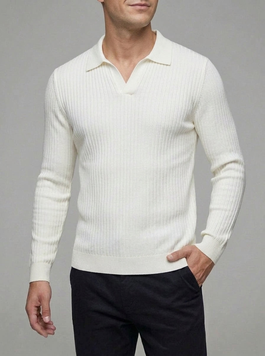 Wool V-Neck Polo Shirt Men Long Sleeve