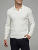 Wool V-Neck Polo Shirt Men Long Sleeve