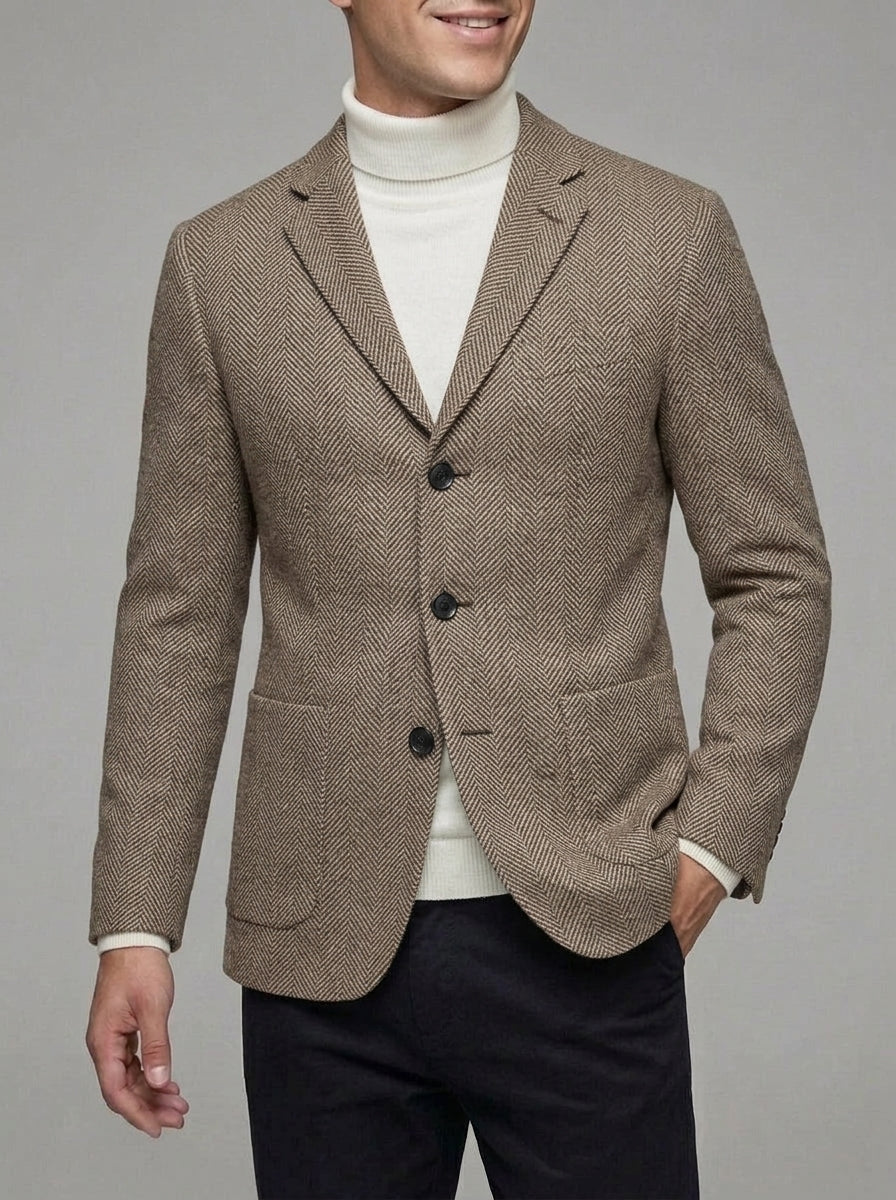 Wool Herringbone Tweed Blazer Men Single Breasted