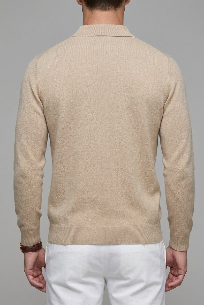 Men's Brown Long Sleeve Polo – Wool Blend (Beige)
