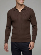 Wool V-Neck Polo Shirt Men Long Sleeve
