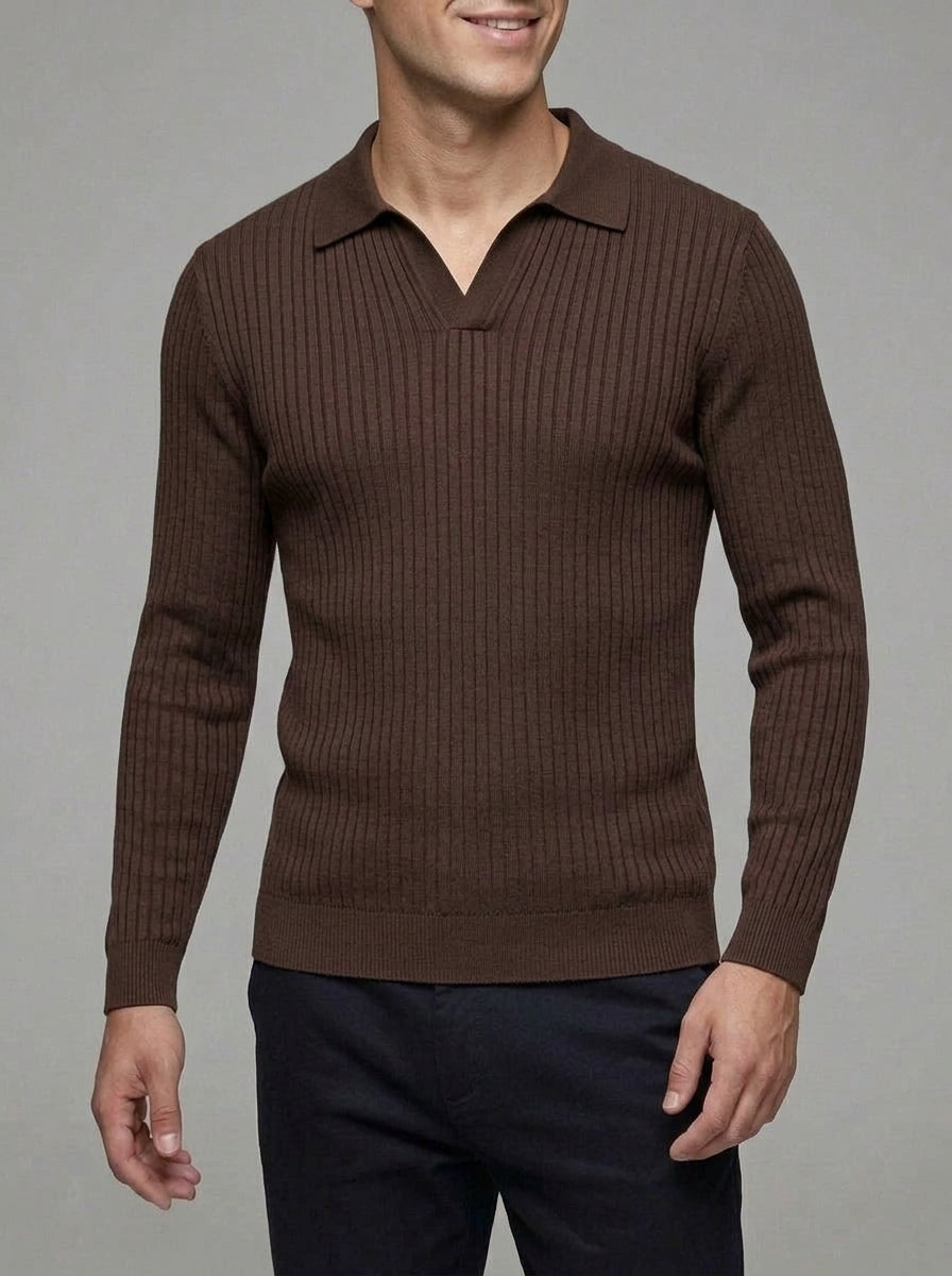 Wool V-Neck Polo Shirt Men Long Sleeve