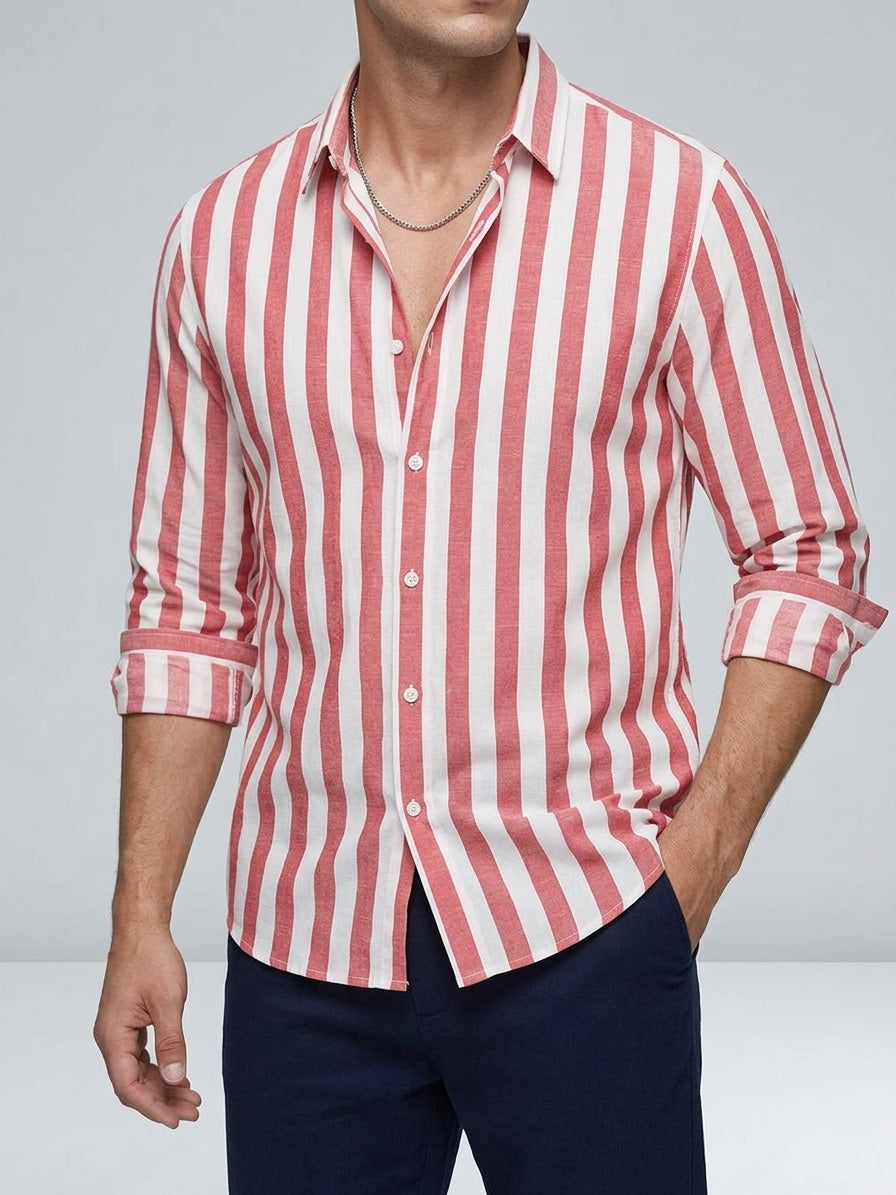 Cotton Blend Striped Long Sleeve Shirt Men Casual