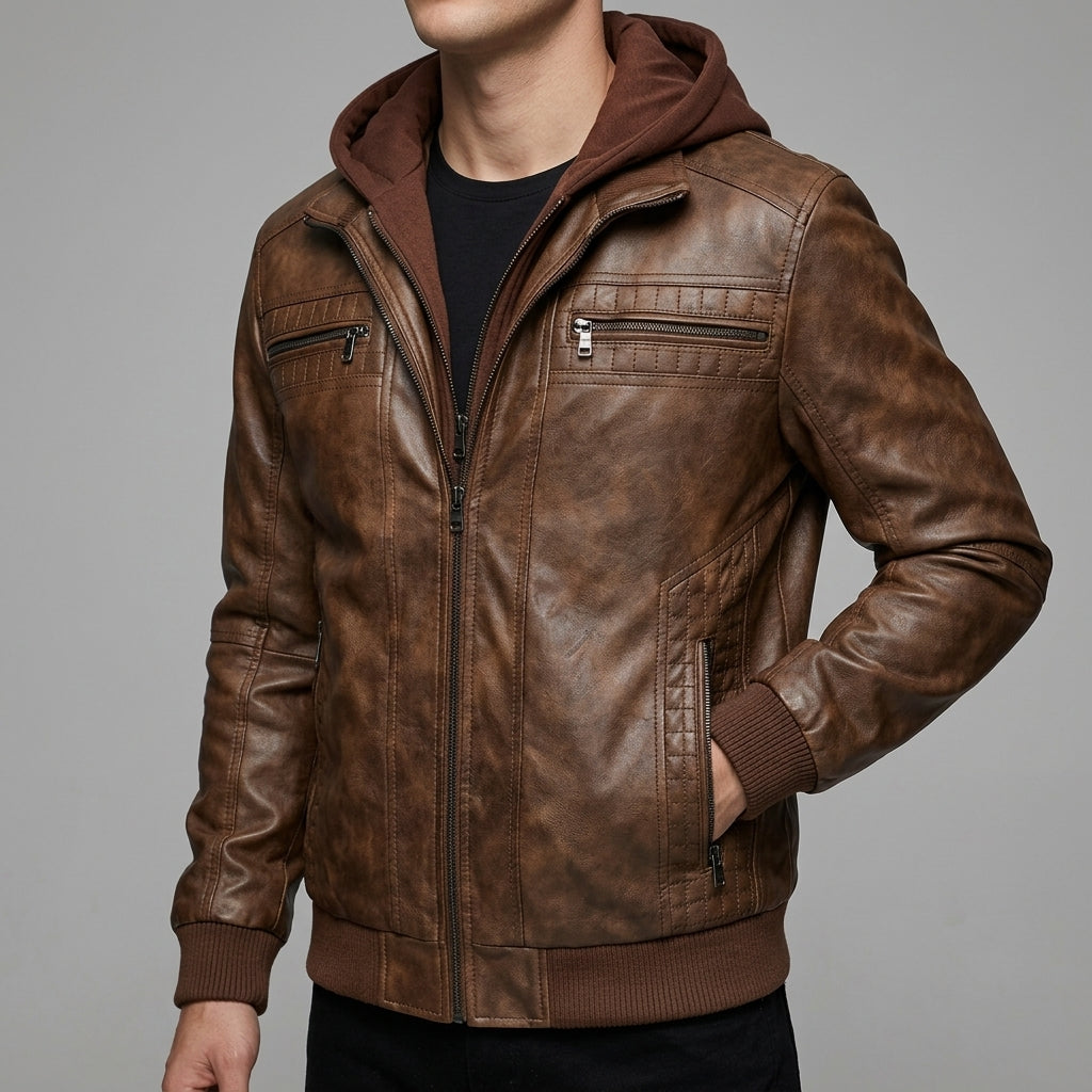 Men's Leather Moto Jacket with Hoodie
