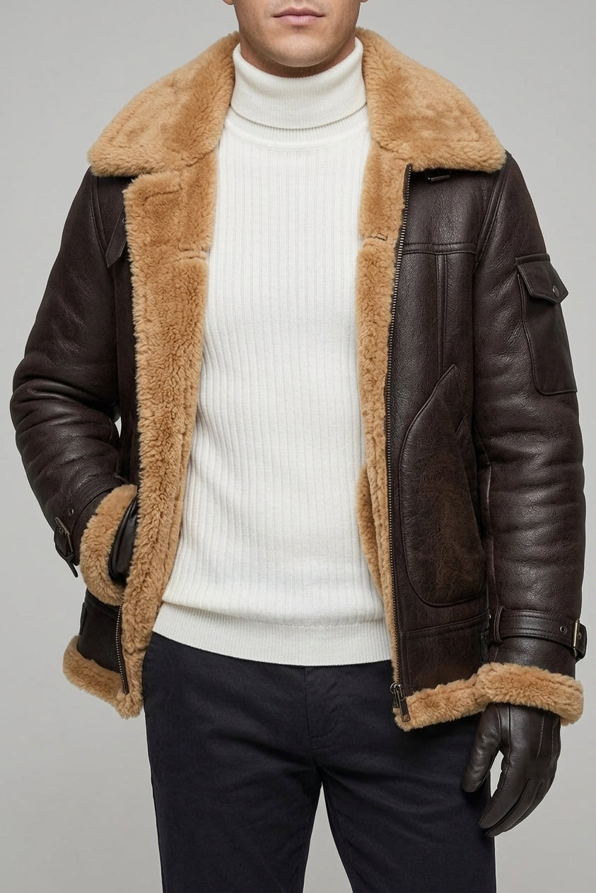 Insulated Winter Jacket Men Genuine Sheepskin Flying Jacket Vintage Camel