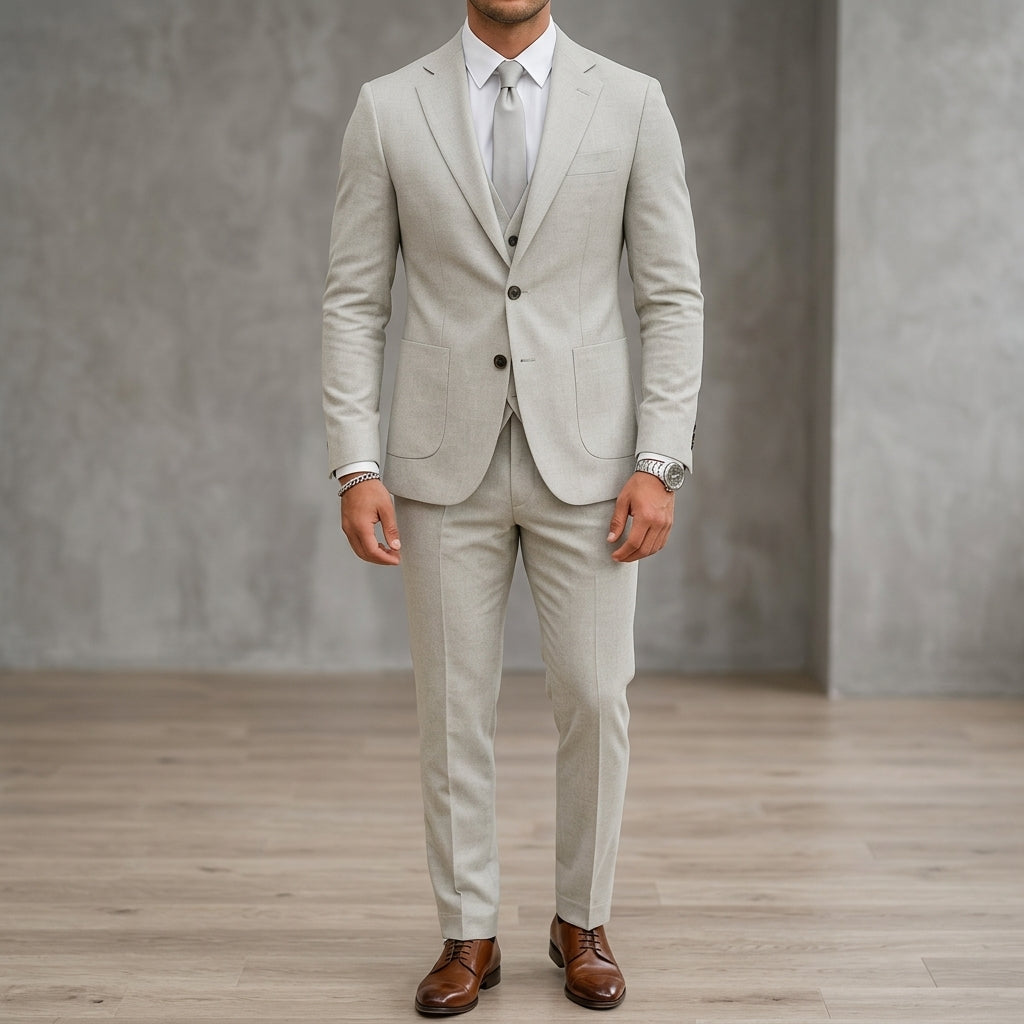Slim-Fit 3-Piece Suit Notch Lapel Men Wool
