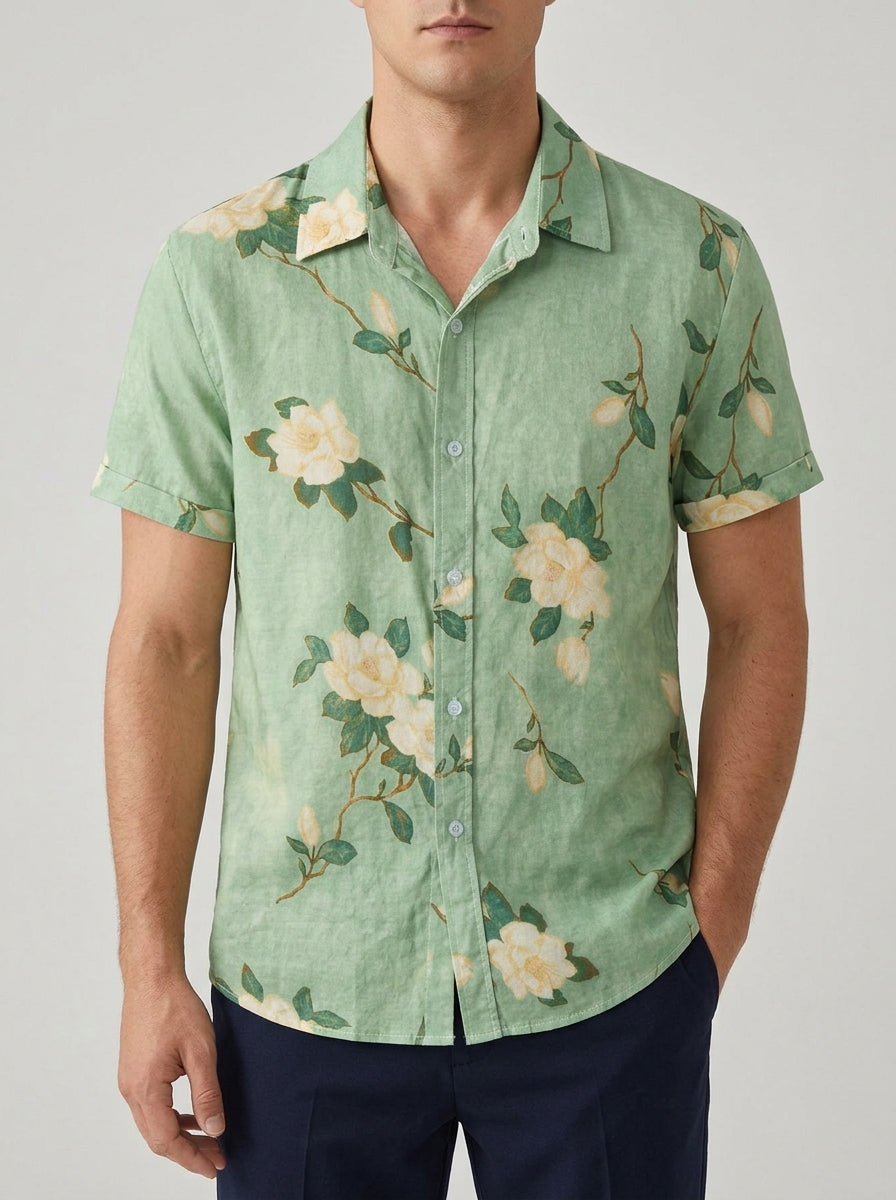 Cotton Floral Short Sleeve Shirt Men