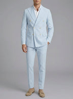 Cotton Blend Striped Double-Breasted Suit Men