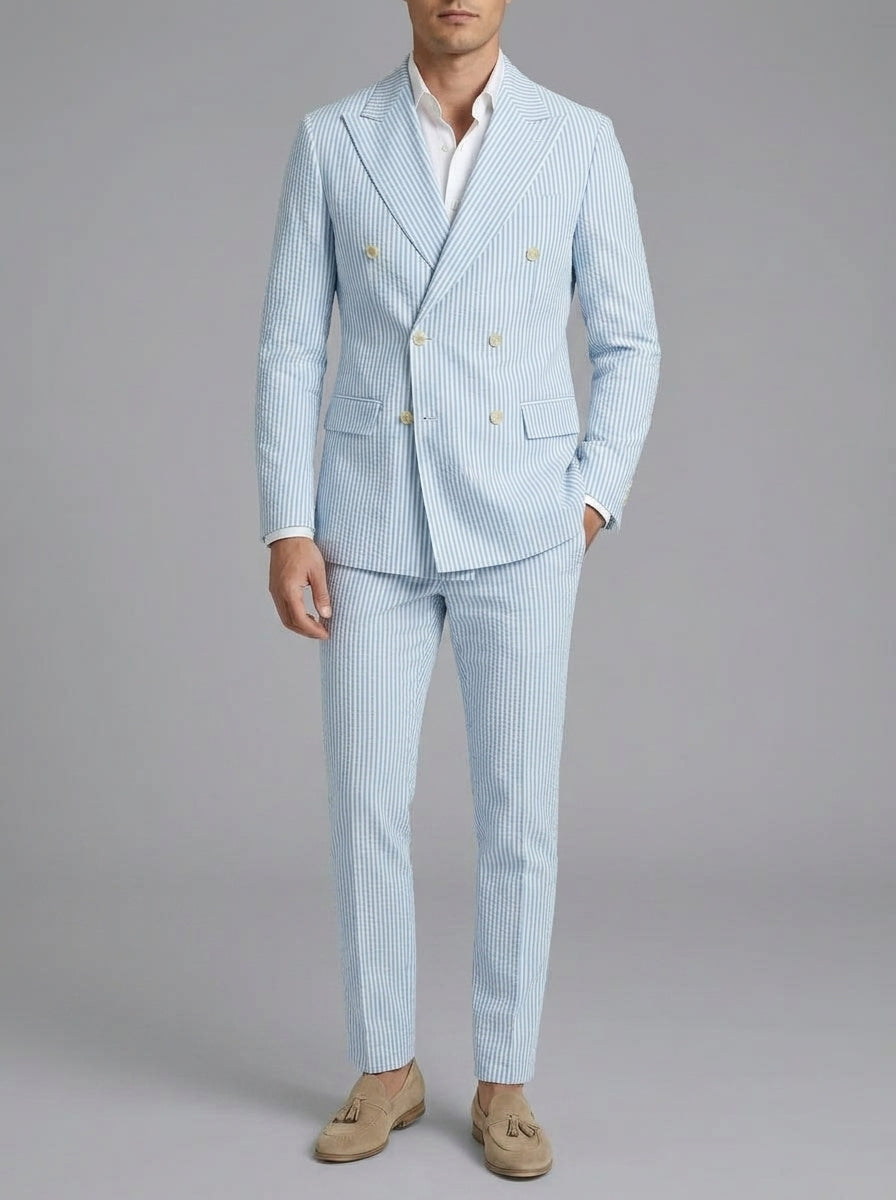 Cotton Blend Striped Double-Breasted Suit Men