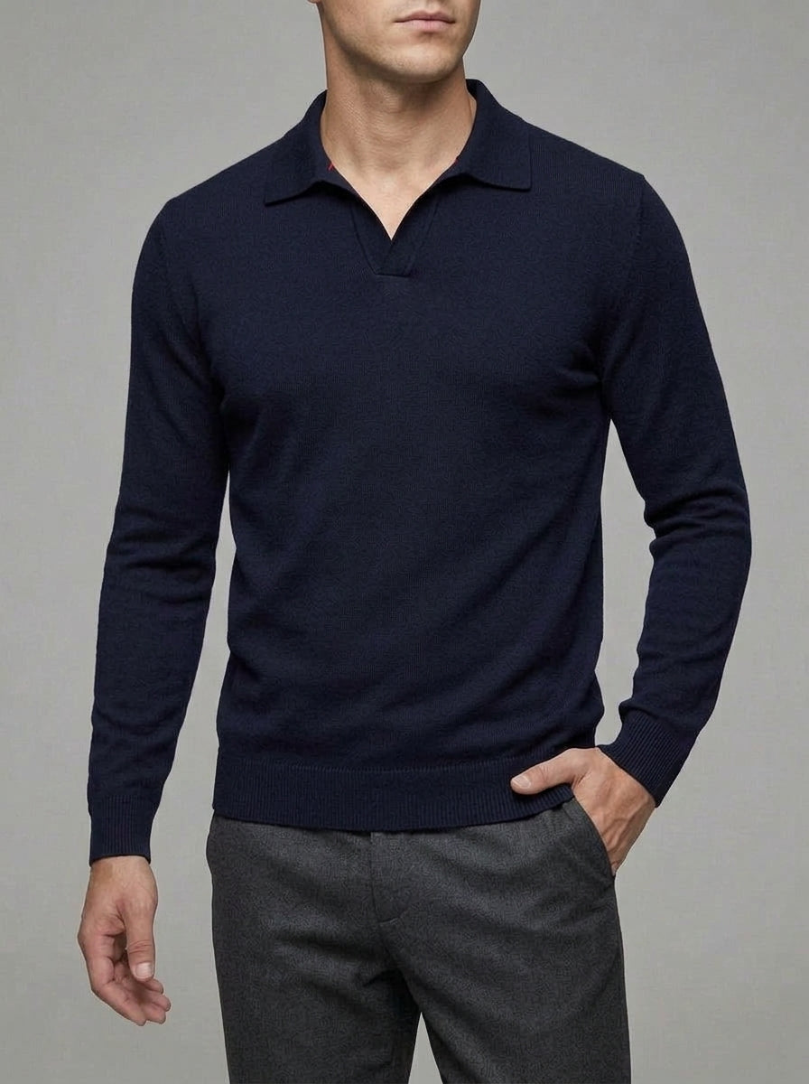 Knit Polo Shirt Men Long Sleeve